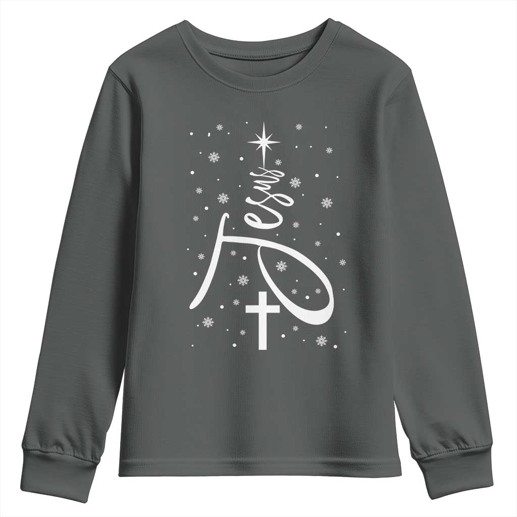 Jesus Christmas Tree Youth Sweatshirt Christian Faith TS10 Dark Heather Print Your Wear