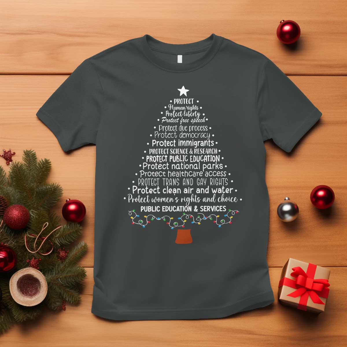 Protect Democracy Christmas Tree T Shirt Anti Fascism Social Justice TS10 Dark Heather Print Your Wear