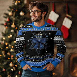 Happy Hanukkah Ugly Sweater Coquette Bow Jewish Menorah TS10 Black Blue Print Your Wear