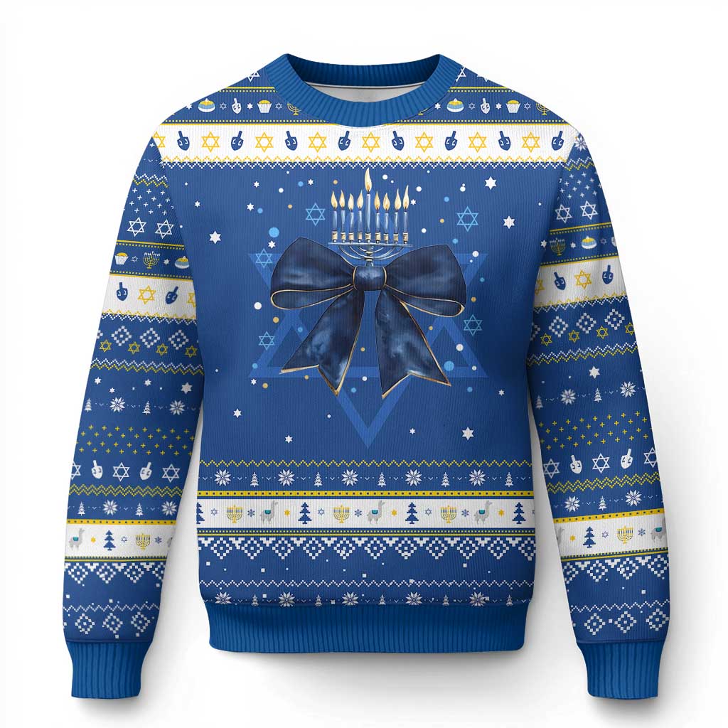 Happy Hanukkah Ugly Sweater Coquette Bow Jewish Menorah TS10 Blue White Print Your Wear