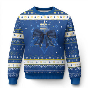 Happy Hanukkah Ugly Sweater Coquette Bow Jewish Menorah TS10 Blue White Print Your Wear