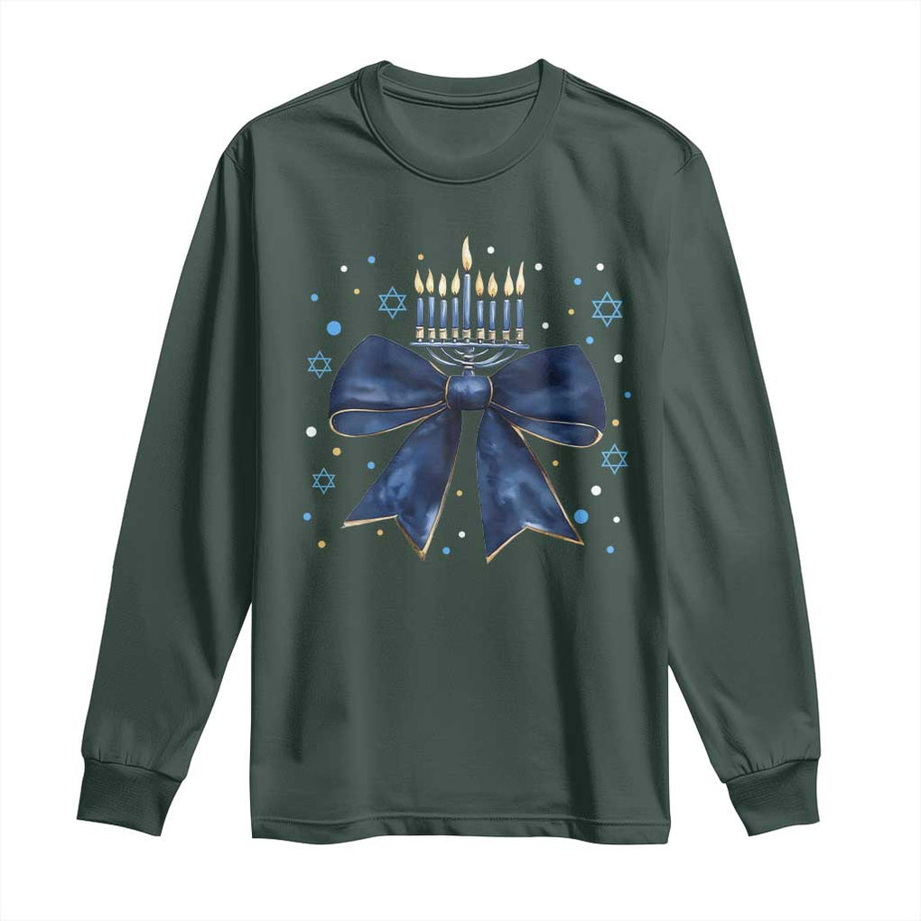 Happy Hanukkah Long Sleeve Shirt Coquette Hanukkah Bow Jewish Menorah TS10 Dark Forest Green Print Your Wear