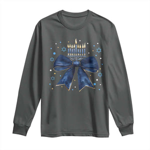 Happy Hanukkah Long Sleeve Shirt Coquette Hanukkah Bow Jewish Menorah TS10 Dark Heather Print Your Wear