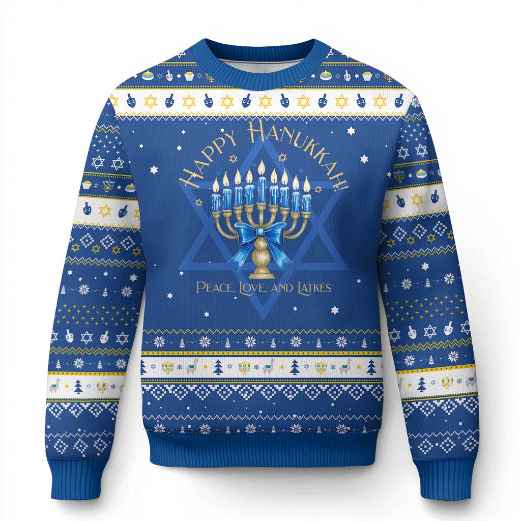 Happy Hanukkah Ugly Sweater Jewish Menorah Coquette Bow TS10 Blue White Print Your Wear