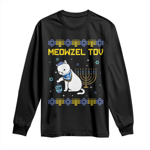 Happy Hanukkah Long Sleeve Shirt Menorah Meowzel Tov Ugly Hanukkah TS10 Black Print Your Wear