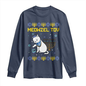 Happy Hanukkah Long Sleeve Shirt Menorah Meowzel Tov Ugly Hanukkah TS10 Navy Print Your Wear