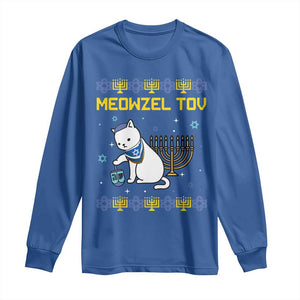 Happy Hanukkah Long Sleeve Shirt Menorah Meowzel Tov Ugly Hanukkah TS10 Royal Blue Print Your Wear