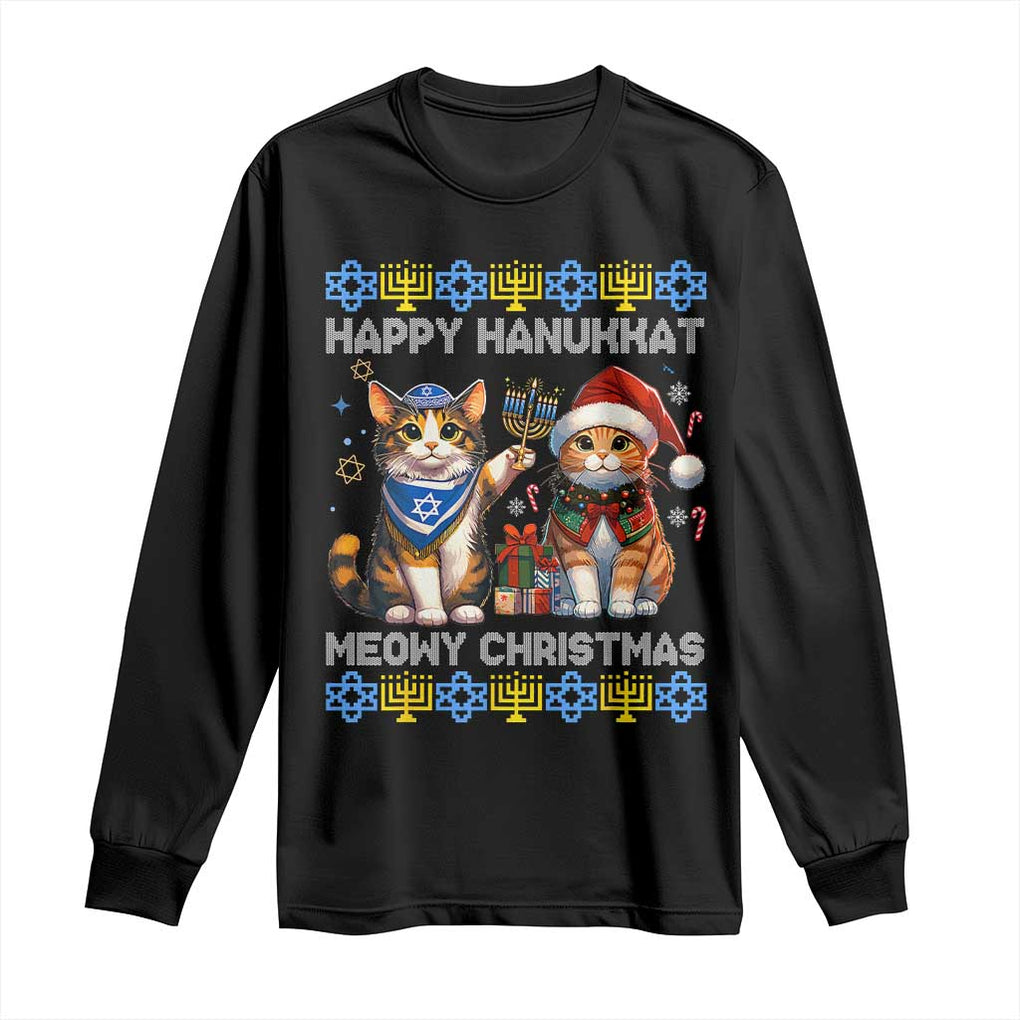 Cat Merry Christmas Happy Hanukkah Long Sleeve Shirt Jewish Christian Ugly Hanukkah TS10 Black Print Your Wear