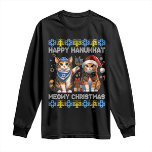 Cat Merry Christmas Happy Hanukkah Long Sleeve Shirt Jewish Christian Ugly Hanukkah TS10 Black Print Your Wear