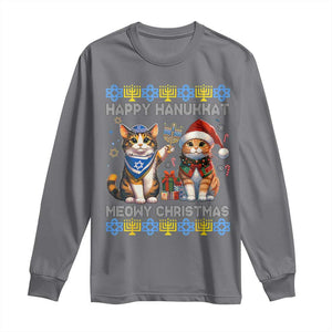 Cat Merry Christmas Happy Hanukkah Long Sleeve Shirt Jewish Christian Ugly Hanukkah TS10 Charcoal Print Your Wear