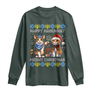 Cat Merry Christmas Happy Hanukkah Long Sleeve Shirt Jewish Christian Ugly Hanukkah TS10 Dark Forest Green Print Your Wear