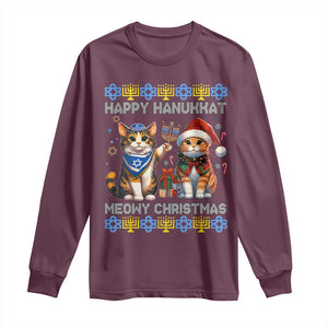 Cat Merry Christmas Happy Hanukkah Long Sleeve Shirt Jewish Christian Ugly Hanukkah TS10 Maroon Print Your Wear