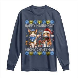 Cat Merry Christmas Happy Hanukkah Long Sleeve Shirt Jewish Christian Ugly Hanukkah TS10 Navy Print Your Wear