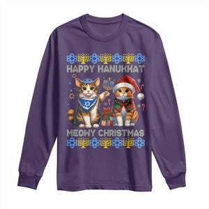 Cat Merry Christmas Happy Hanukkah Long Sleeve Shirt Jewish Christian Ugly Hanukkah TS10 Purple Print Your Wear