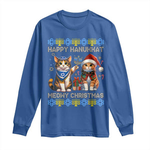 Cat Merry Christmas Happy Hanukkah Long Sleeve Shirt Jewish Christian Ugly Hanukkah TS10 Royal Blue Print Your Wear