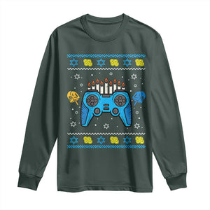 Happy Hanukkah Long Sleeve Shirt Jewish Video Game Gamer Ugly Hanukkah Chanukah TS10 Dark Forest Green Print Your Wear