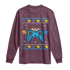 Happy Hanukkah Long Sleeve Shirt Jewish Video Game Gamer Ugly Hanukkah Chanukah TS10 Maroon Print Your Wear