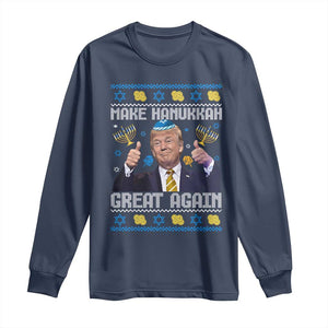 Happy Hanukkah Long Sleeve Shirt Make Hanukkah Great Again Funny Trump Ugly TS10 Navy Print Your Wear