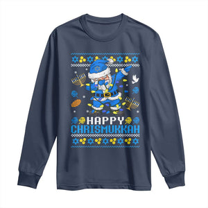 Happy Chrismukkah Merry Christmas Hanukkah Long Sleeve Shirt Dabbing Santa Ugly Chanukah Jewish TS10 Navy Print Your Wear