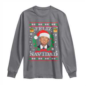 Christmas Trump Long Sleeve Shirt Feliz Navidad Funny Trump Santa Hat Xmas Ugly TS10 Charcoal Print Your Wear