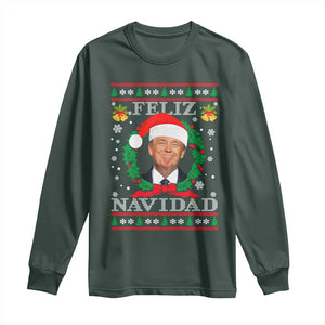 Christmas Trump Long Sleeve Shirt Feliz Navidad Funny Trump Santa Hat Xmas Ugly TS10 Dark Forest Green Print Your Wear