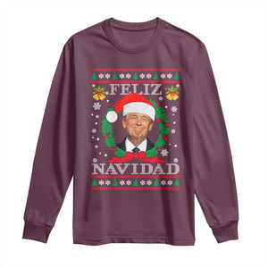 Christmas Trump Long Sleeve Shirt Feliz Navidad Funny Trump Santa Hat Xmas Ugly TS10 Maroon Print Your Wear