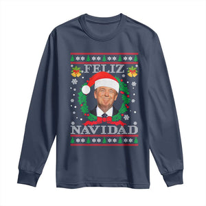 Christmas Trump Long Sleeve Shirt Feliz Navidad Funny Trump Santa Hat Xmas Ugly TS10 Navy Print Your Wear