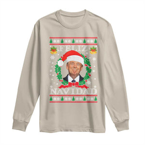 Christmas Trump Long Sleeve Shirt Feliz Navidad Funny Trump Santa Hat Xmas Ugly TS10 Sand Print Your Wear