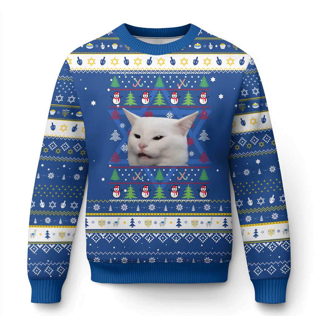Woman Yelling At A Cat Ugly Christmas Hanukkah Ugly Sweater Funny Cat Meme Matching Couple Christmas Pajama TS10 Blue White Print Your Wear