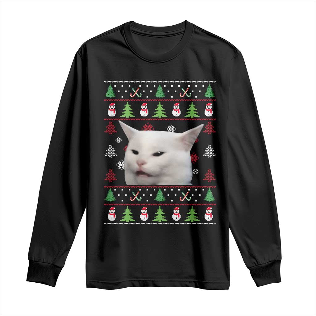 Woman Yelling At A Cat Ugly Christmas Long Sleeve Shirt Funny Cat Meme Matching Couple Christmas Pajama TS10 Black Print Your Wear