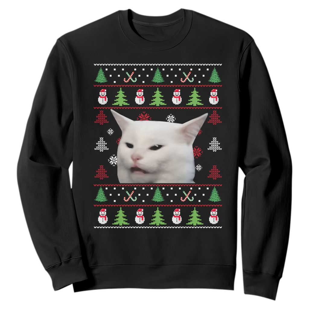 Woman Yelling At A Cat Ugly Christmas Sweatshirt Funny Cat Meme Matching Couple Christmas Pajama TS10 Black Print Your Wear