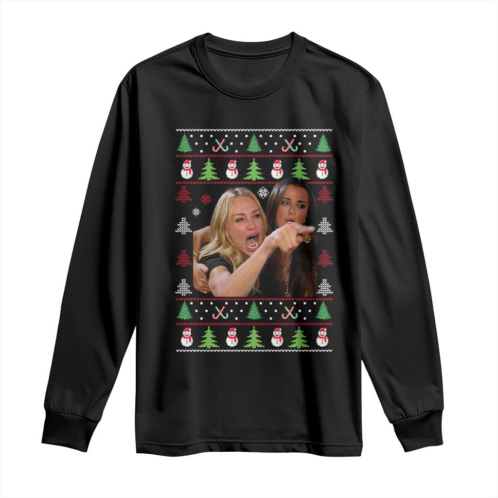 Woman Yelling At A Cat Ugly Christmas Long Sleeve Shirt Funny Meme Matching Couple Christmas Pajama TS10 Black Print Your Wear