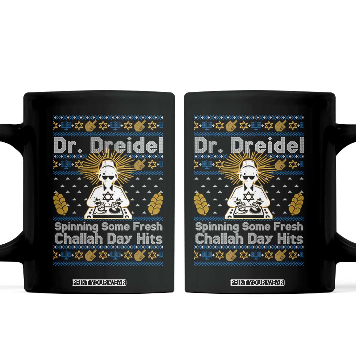 Funny Ugly Hanukkah Coffee Mug Mr Dreidel Dj Chanukkah Jewish TS10 Black Print Your Wear