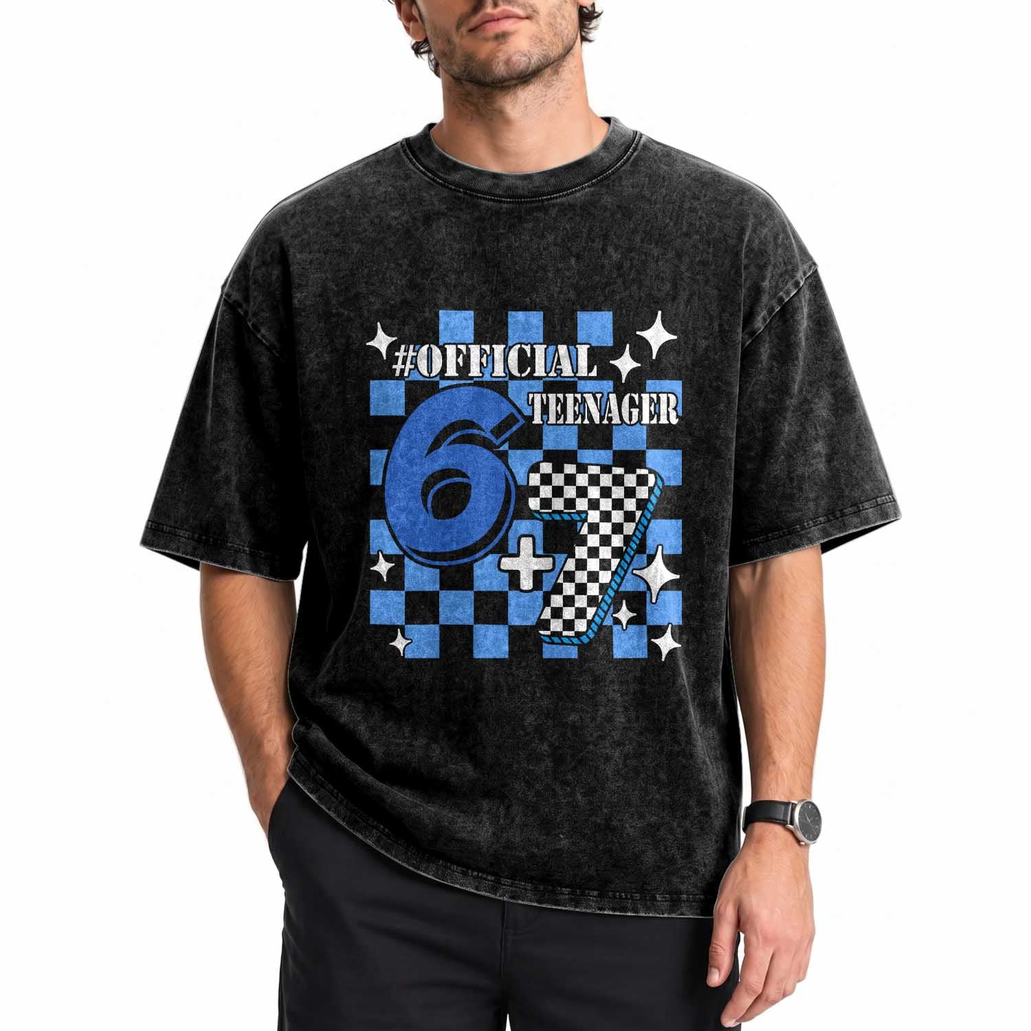 Funny 13th Birthday Official Teenager Washed Cotton T-Shirt 67 13 Year Old Boys Kids Checkered 67 Meme