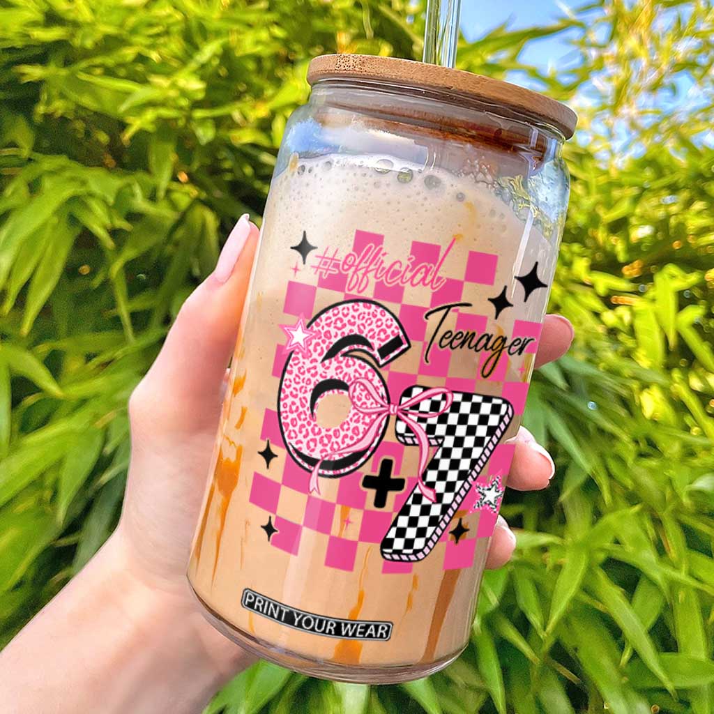 Funny 13th Birthday Official Teenager Glass Can 6+7 13 Year Old Kids Girls Pink Checkered 67 Meme TS10 White Print Your Wear