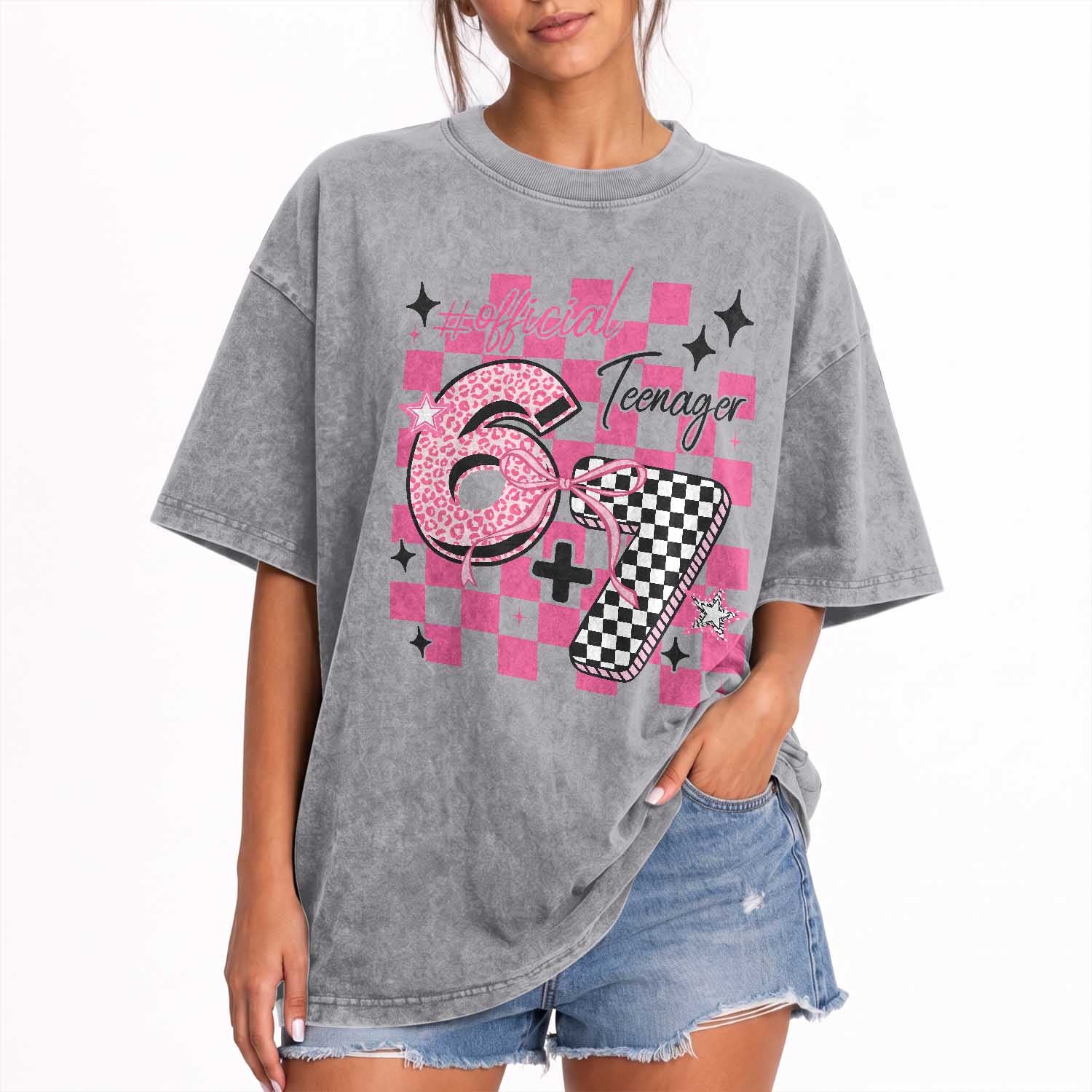 Funny 13th Birthday Official Teenager Washed Cotton T-Shirt 67 13 Year Old Kids Girls Pink Checkered 67 Meme