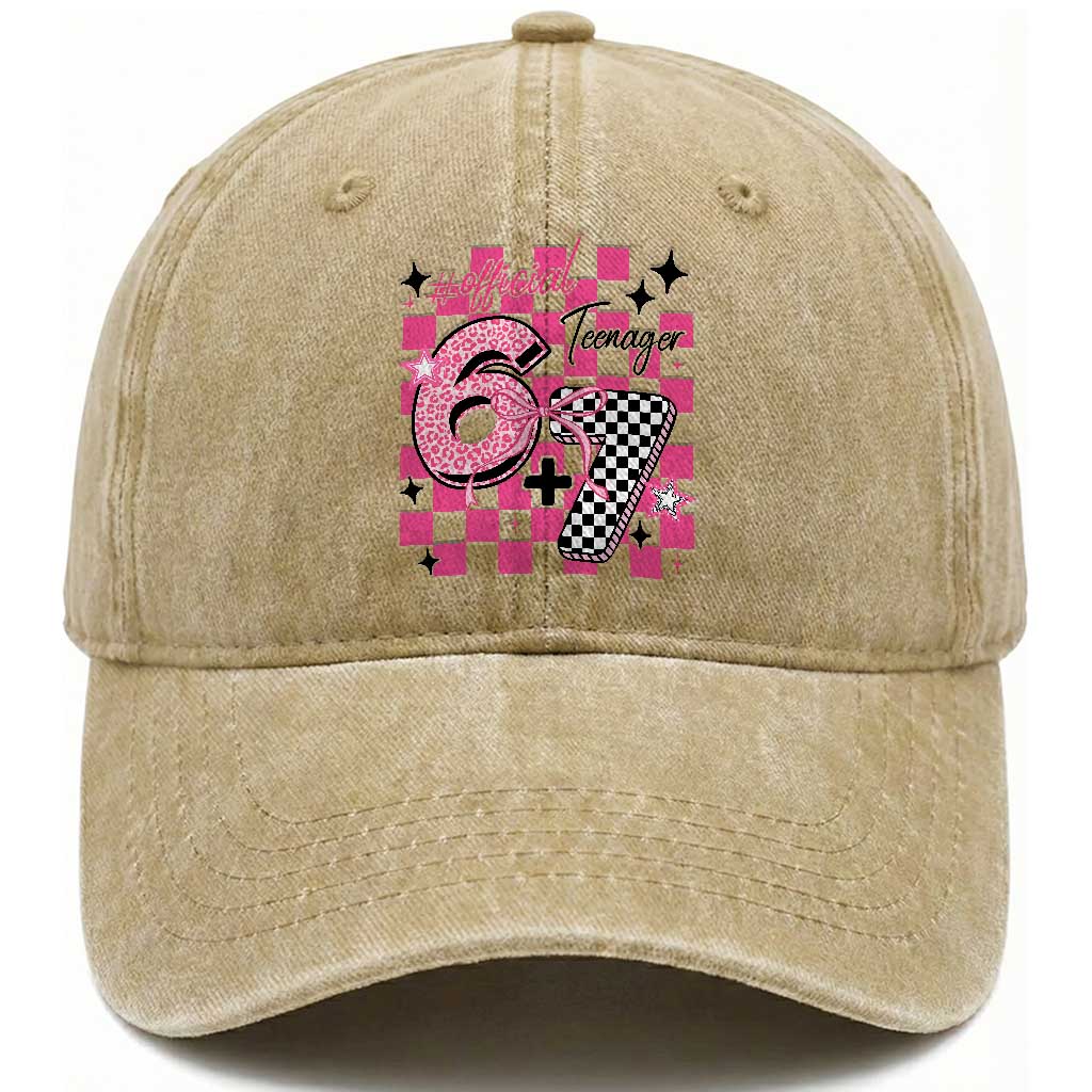 Funny 13th Birthday Official Teenager Washed Cotton Baseball Cap 6+7 13 Year Old Kids Girls Pink Checkered 67 Meme TS10 Print Your Wear