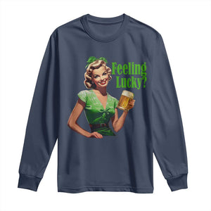 St. Patricks Day Long Sleeve Shirt Feeling Lucky Trendy Retro TS10 Navy Print Your Wear