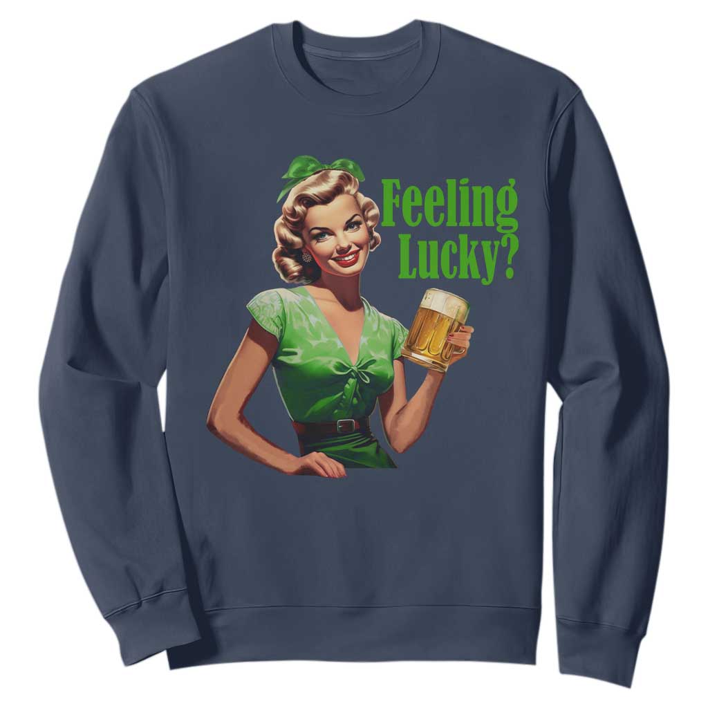 St. Patricks Day Sweatshirt Feeling Lucky Trendy Retro TS10 Navy Print Your Wear