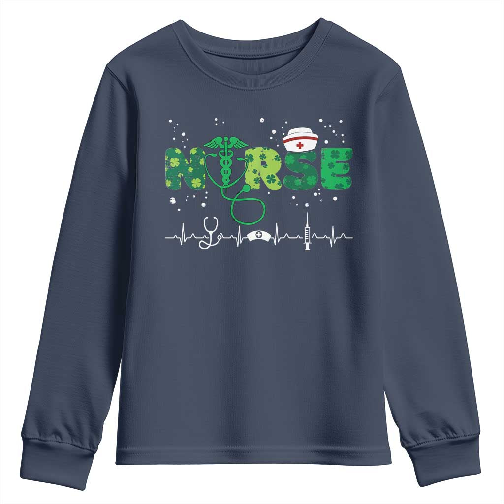 Nurse St Patricks Day Youth Sweatshirt Stethoscope Scrub Irish Nurses Paddys Day TS10 Navy Print Your Wear
