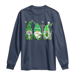 Nurse St Patricks Day Long Sleeve Shirt Lucky Shamrock Leopard Gnomes Irish Nurses TS10 Navy Print Your Wear