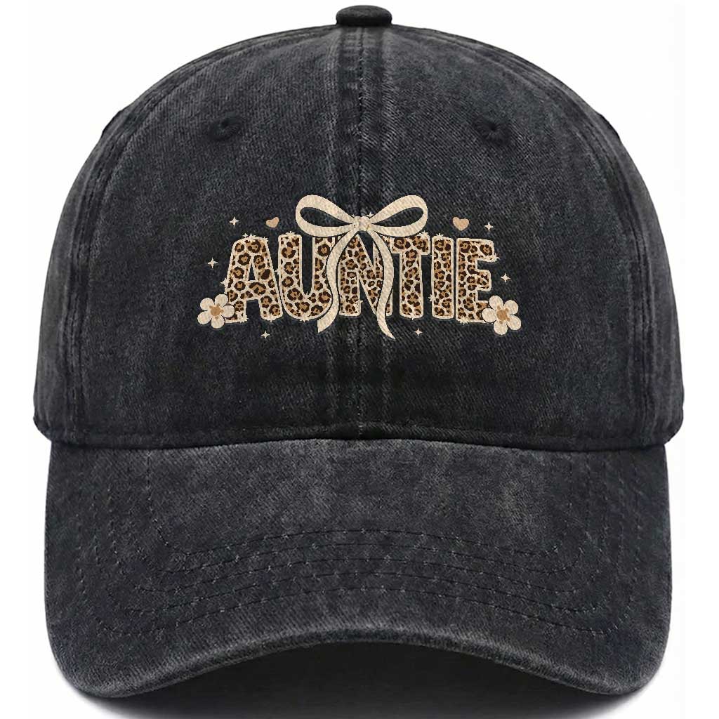 Leopard Auntie Washed Cotton Baseball Cap Coquette Bow Cute Gift For Aunt TS10 Washed Cap Universal Fit Black Print Your Wear