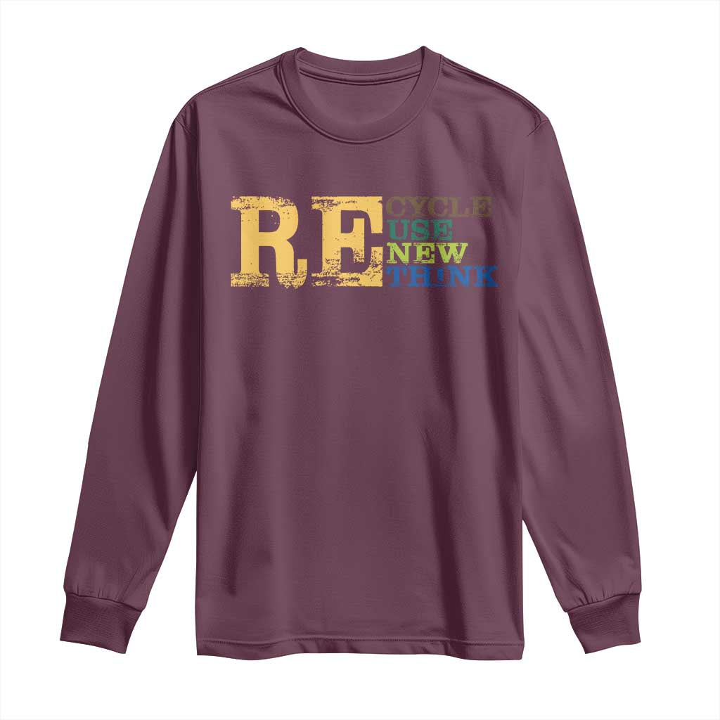 Retro Earth Day Long Sleeve Shirt Recycle Reuse Renew Rethink Protect Earth TS10 Maroon Print Your Wear