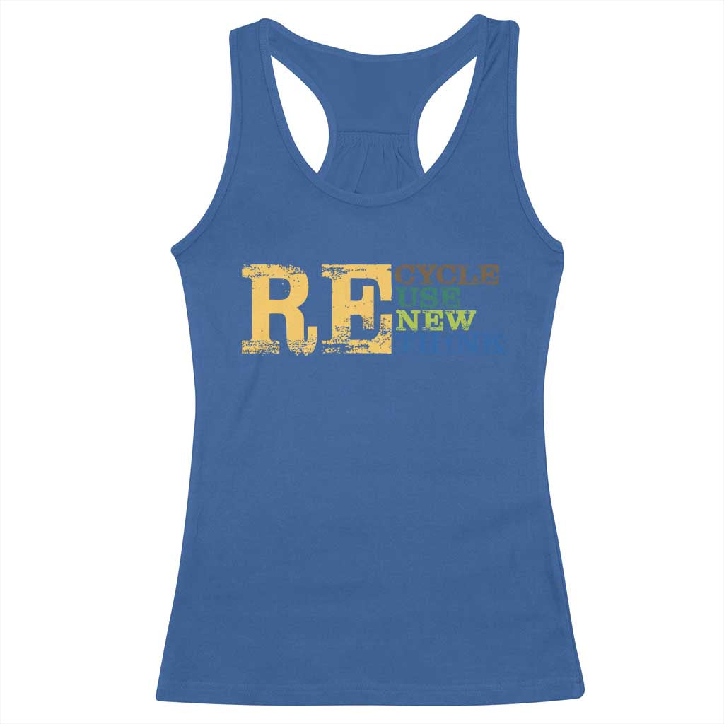 Retro Earth Day Racerback Tank Top Recycle Reuse Renew Rethink Protect Earth TS10 Royal Blue Print Your Wear