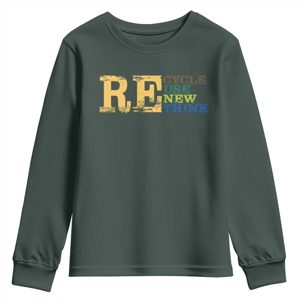 Retro Earth Day Youth Sweatshirt Recycle Reuse Renew Rethink Protect Earth TS10 Dark Forest Green Print Your Wear