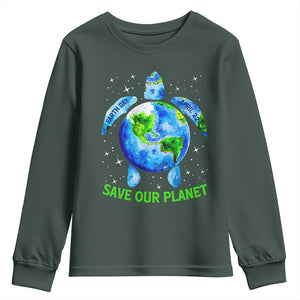 Earth Day 2025 Youth Sweatshirt Save The Planet Sea Turtle Recycle Ocean Environment TS10 Dark Forest Green Print Your Wear