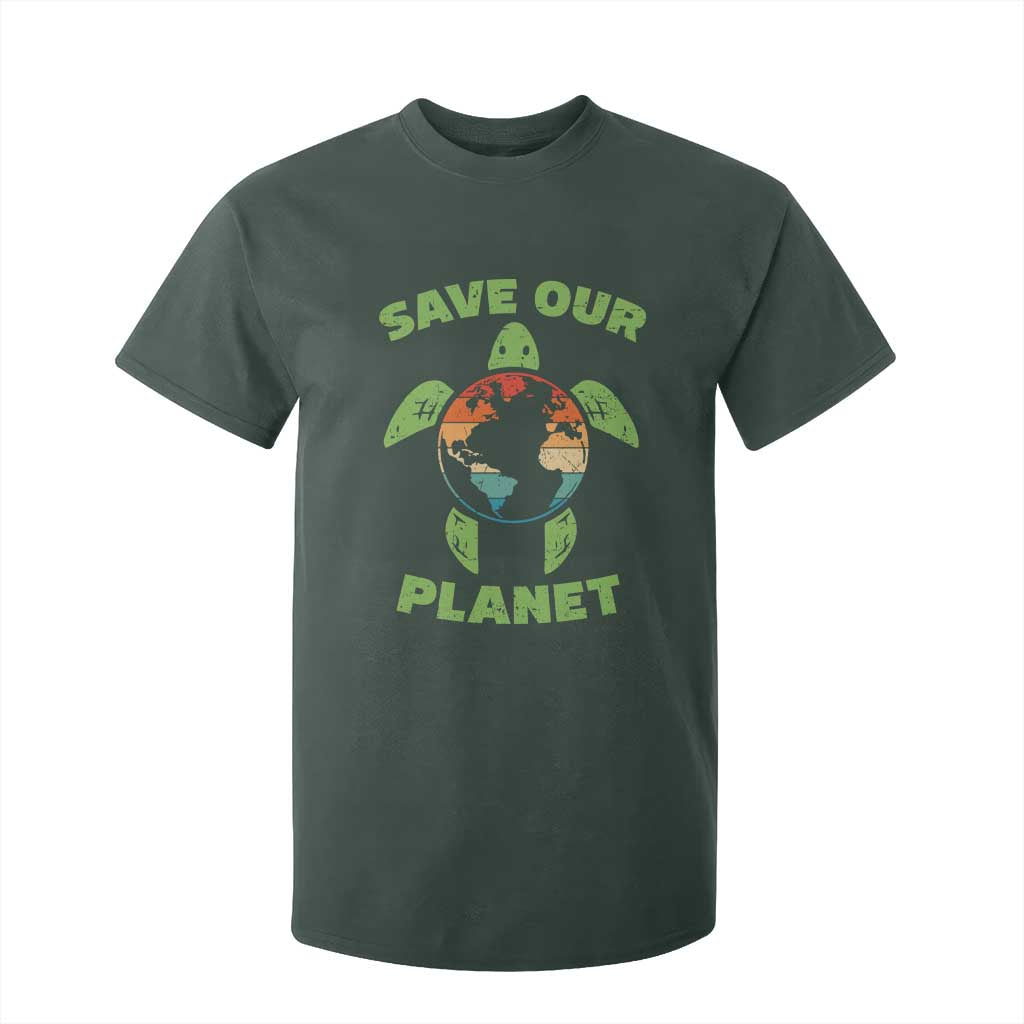 Retro Earth Day T Shirt For Kid Save Our Planet Sea Turtle Recycle Ocean Environment TS10 Dark Forest Green Print Your Wear