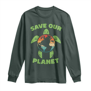 Retro Earth Day Long Sleeve Shirt Save Our Planet Sea Turtle Recycle Ocean Environment TS10 Dark Forest Green Print Your Wear