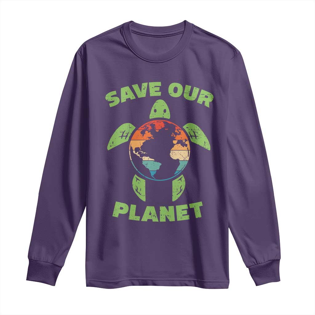 Retro Earth Day Long Sleeve Shirt Save Our Planet Sea Turtle Recycle Ocean Environment TS10 Purple Print Your Wear