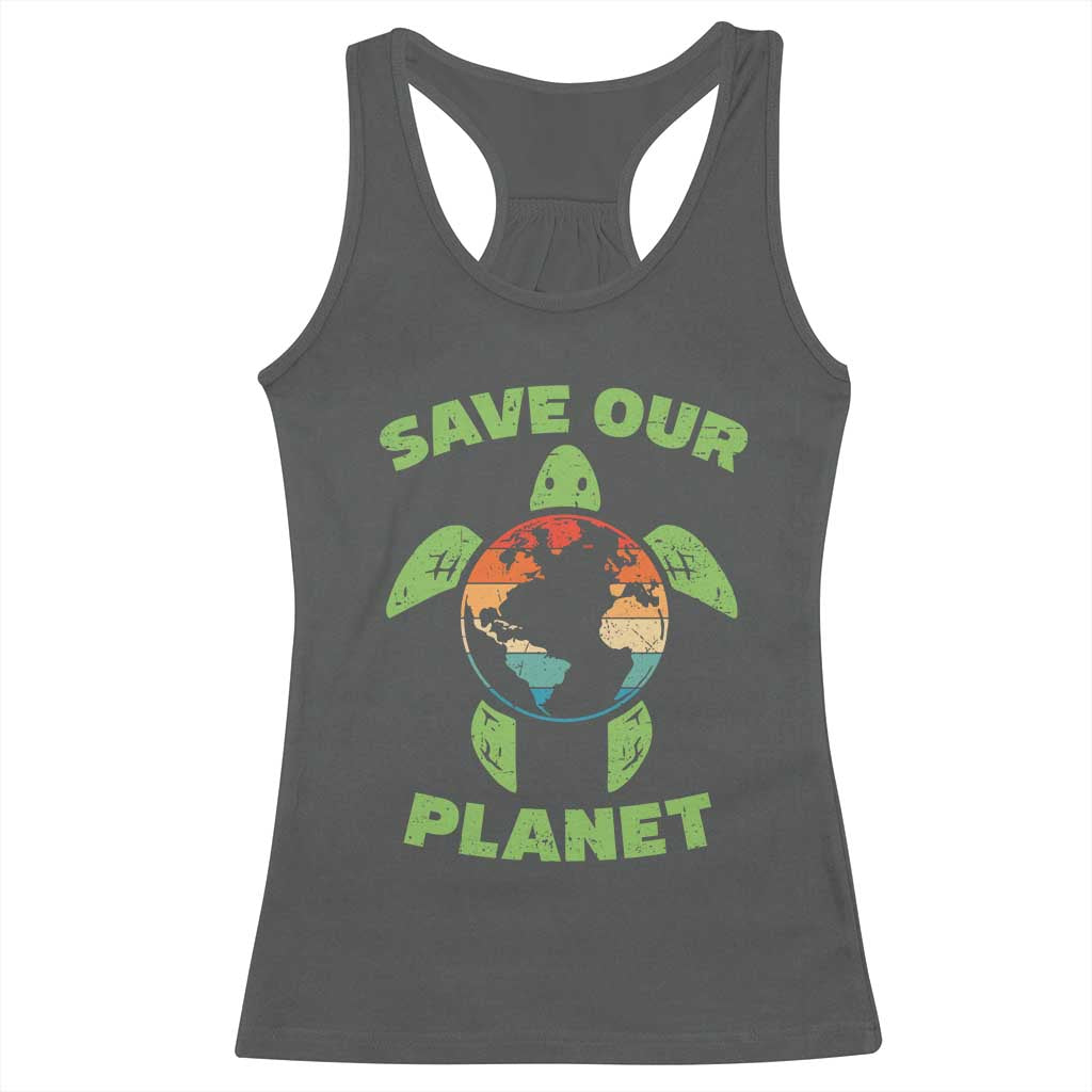 Retro Earth Day Racerback Tank Top Save Our Planet Sea Turtle Recycle Ocean Environment TS10 Dark Heather Print Your Wear